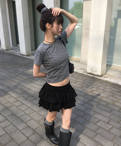 【シュシュ付き】ドットスリム半袖Tシャツ GREY