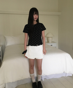 【シュシュ付き】ドットスリム半袖Tシャツ BLACK