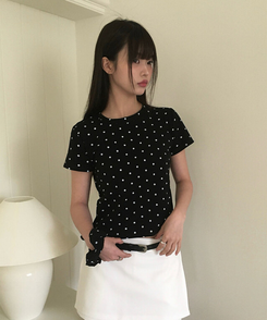 【シュシュ付き】ドットスリム半袖Tシャツ BLACK