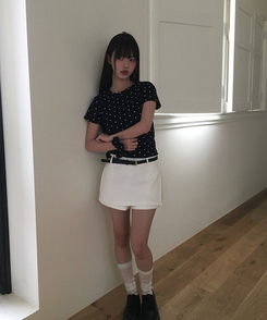 【シュシュ付き】ドットスリム半袖Tシャツ BLACK