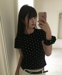 【シュシュ付き】ドットスリム半袖Tシャツ BLACK
