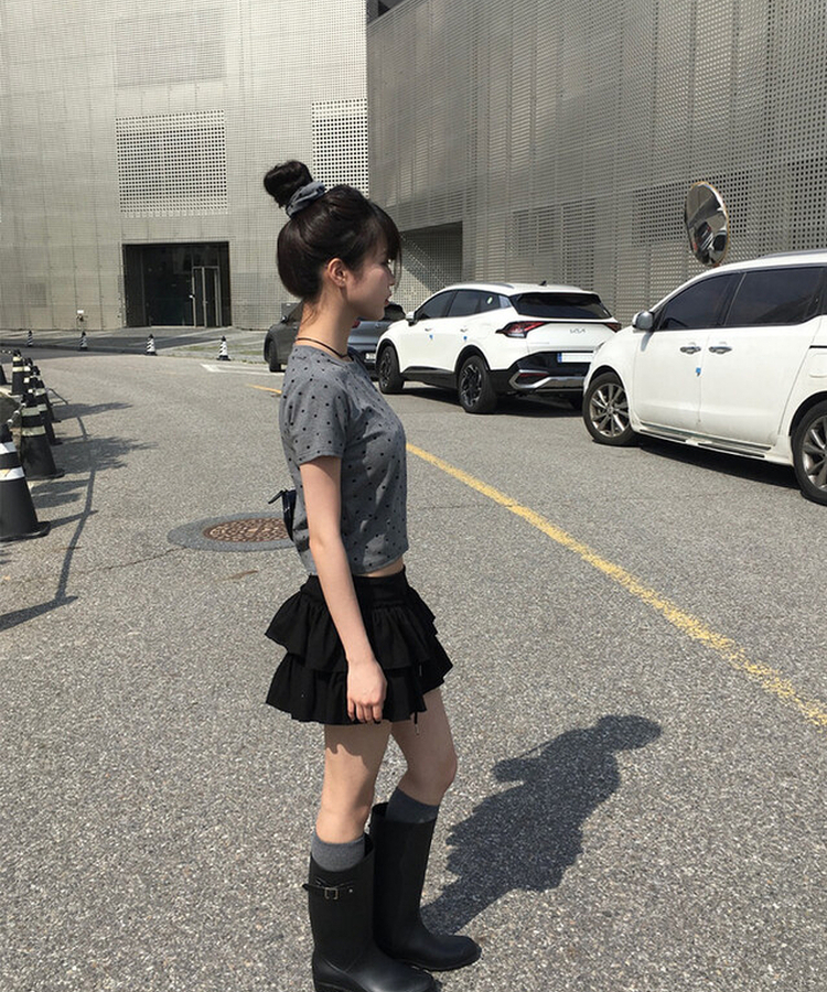【シュシュ付き】ドットスリム半袖Tシャツ GREY