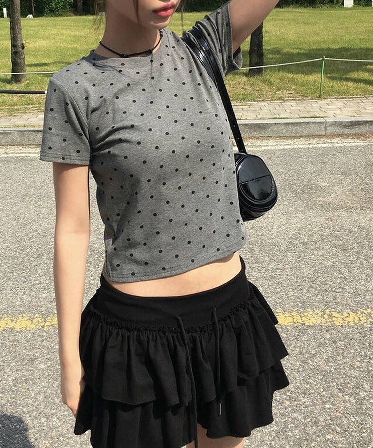 【シュシュ付き】ドットスリム半袖Tシャツ GREY