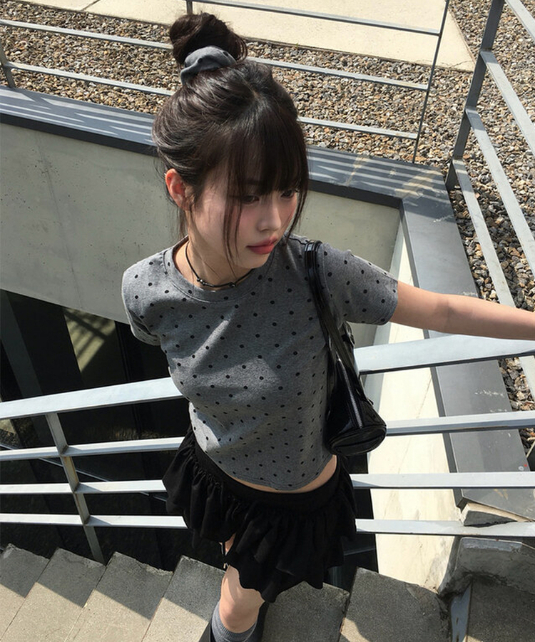 【シュシュ付き】ドットスリム半袖Tシャツ GREY