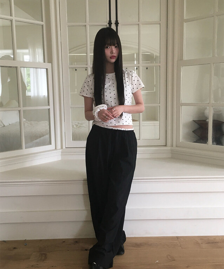 【シュシュ付き】ドットスリム半袖Tシャツ IVORY
