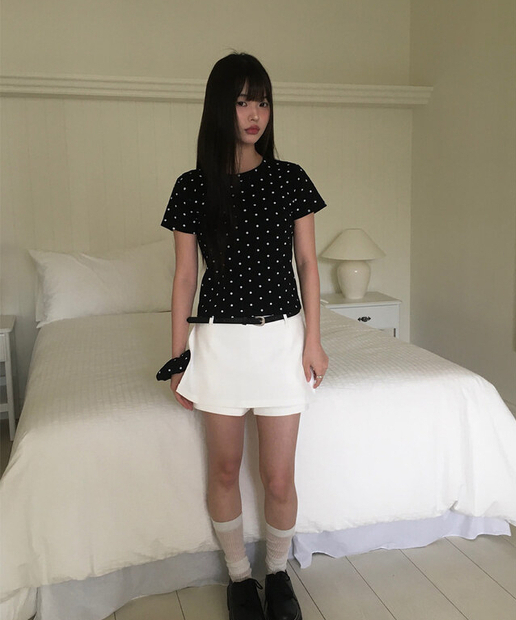 【シュシュ付き】ドットスリム半袖Tシャツ BLACK