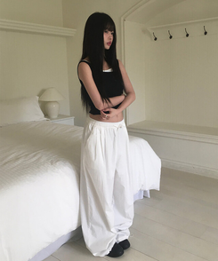 コットンパンツ サマーコットンストリングワイドピンタックパンツ IVORY