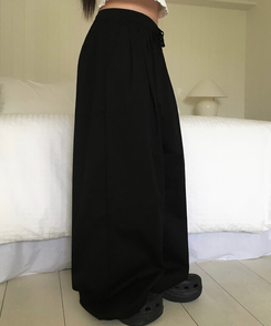 コットンパンツ サマーコットンストリングワイドピンタックパンツ BLACK