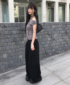 コットンパンツ サマーコットンストリングワイドピンタックパンツ BLACK
