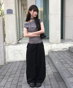 コットンパンツ サマーコットンストリングワイドピンタックパンツ BLACK
