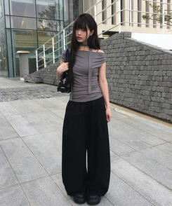 コットンパンツ サマーコットンストリングワイドピンタックパンツ BLACK