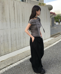 コットンパンツ サマーコットンストリングワイドピンタックパンツ BLACK