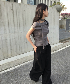 コットンパンツ サマーコットンストリングワイドピンタックパンツ BLACK