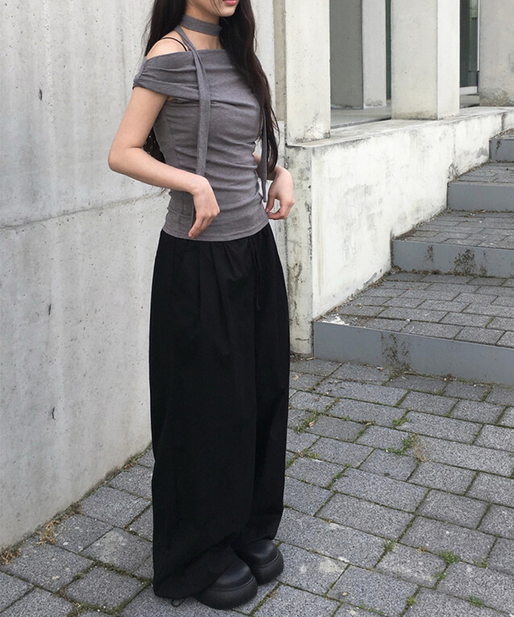サマーコットンストリングワイドピンタックパンツ BLACK