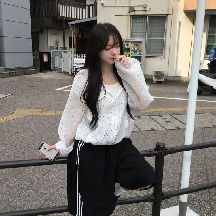 シースルードットフリルフードウィンドブレーカー｜ジャンパー｜韓国