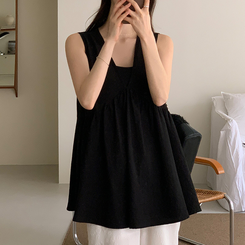 ブラウス デイリン Vネック シャーリング ノースリーブ ブラウス BLACK
