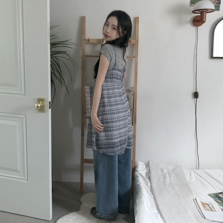 [끈조절!러블리]츄 체크 리본 뷔스티에 끈나시 레이어드 원피스 ops 2color 그레이