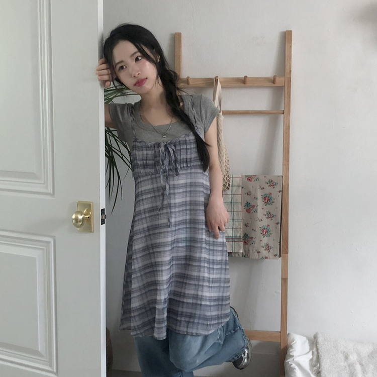 [끈조절!러블리]츄 체크 리본 뷔스티에 끈나시 레이어드 원피스 ops 2color 그레이
