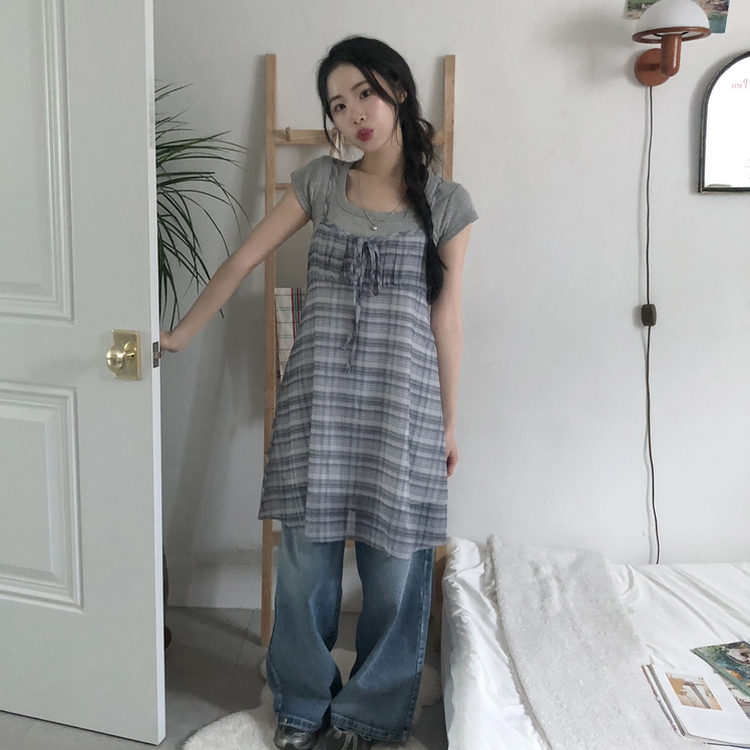[끈조절!러블리]츄 체크 리본 뷔스티에 끈나시 레이어드 원피스 ops 2color 그레이