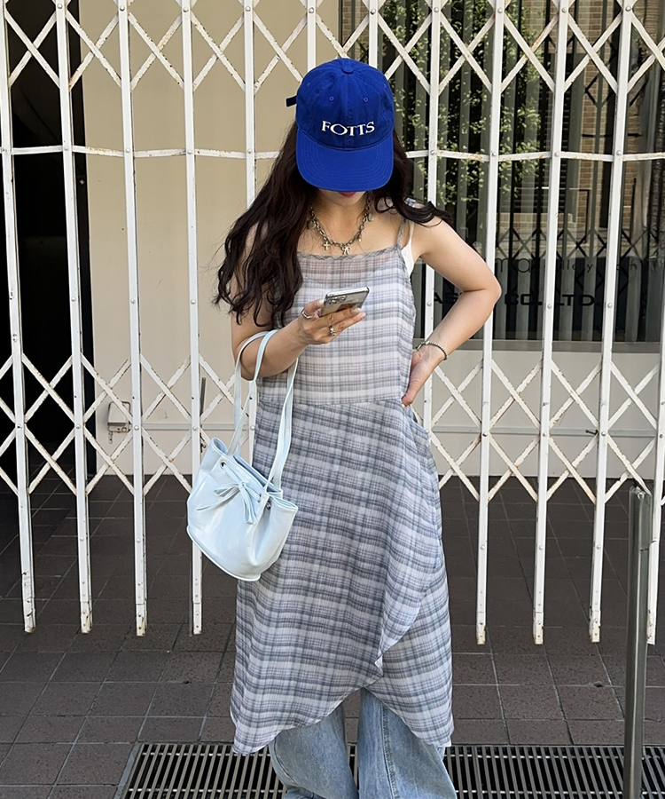 ロングワンピース アシンメトリーシースルーチェックワンピース NAVY