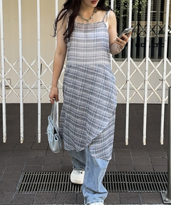 ロングワンピース アシンメトリーシースルーチェックワンピース NAVY