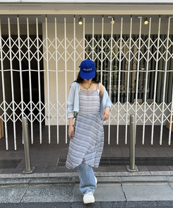 ロングワンピース アシンメトリーシースルーチェックワンピース NAVY