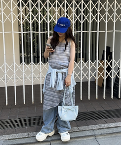 ロングワンピース アシンメトリーシースルーチェックワンピース NAVY