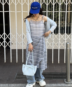 ロングワンピース アシンメトリーシースルーチェックワンピース NAVY