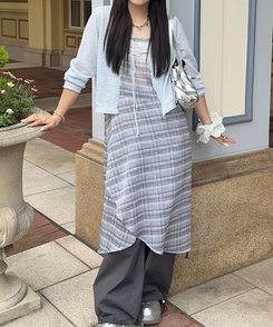 ロングワンピース アシンメトリーシースルーチェックワンピース NAVY