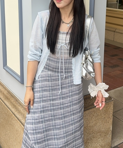 ロングワンピース アシンメトリーシースルーチェックワンピース NAVY