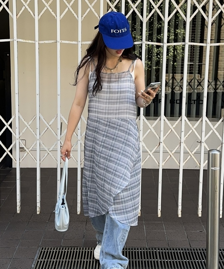 ロングワンピース アシンメトリーシースルーチェックワンピース NAVY