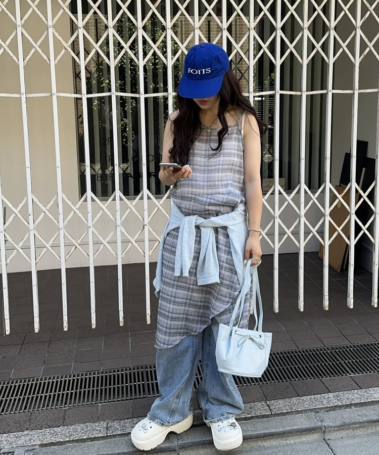 ロングワンピース アシンメトリーシースルーチェックワンピース NAVY