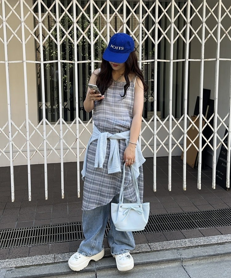 アシンメトリーシースルーチェックワンピース NAVY