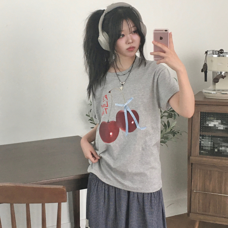リボンチェリー半袖Tシャツ GREY