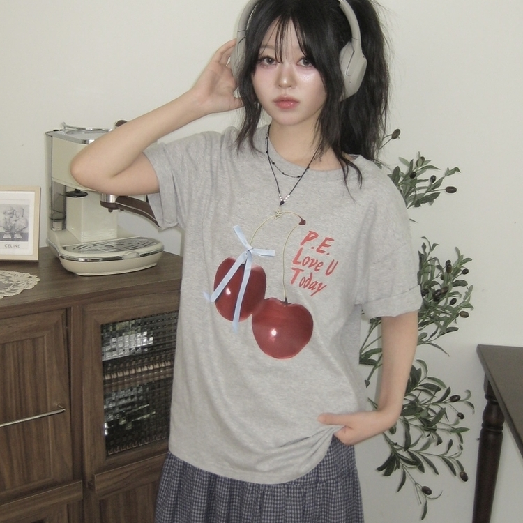 リボンチェリー半袖Tシャツ GREY