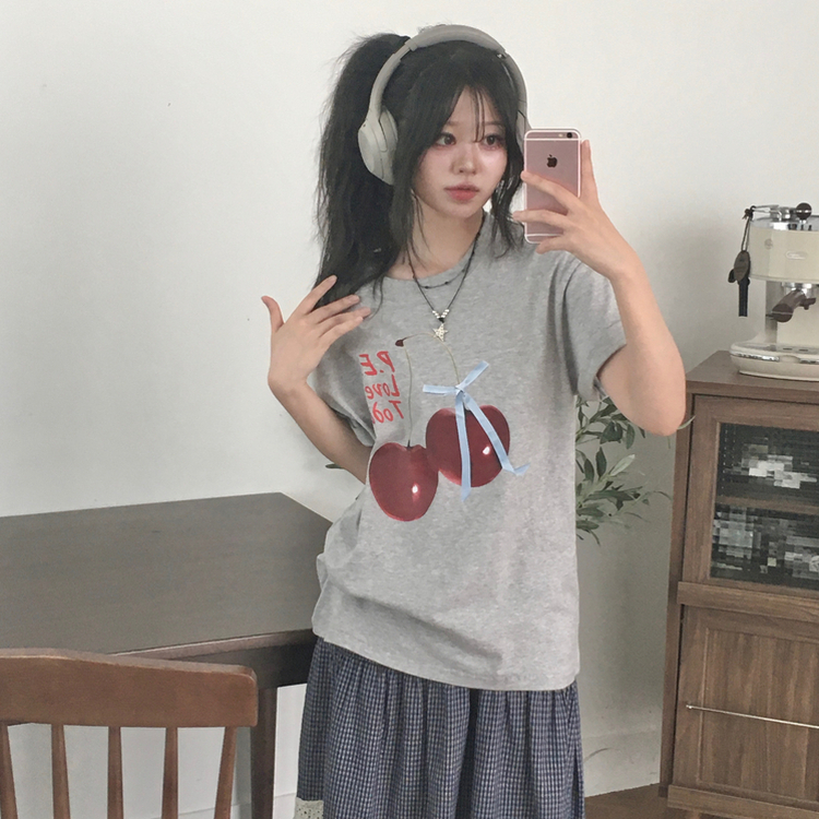 リボンチェリー半袖Tシャツ GREY