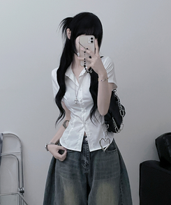シャツ スリムフィットカラー半袖シャツ WHITE