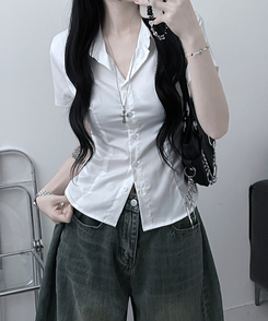 シャツ スリムフィットカラー半袖シャツ WHITE
