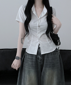 シャツ スリムフィットカラー半袖シャツ WHITE