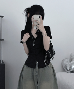 シャツ スリムフィットカラー半袖シャツ BLACK