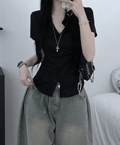 シャツ スリムフィットカラー半袖シャツ BLACK