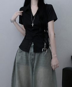 シャツ スリムフィットカラー半袖シャツ BLACK