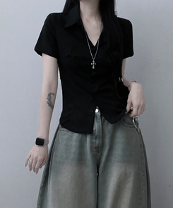 シャツ スリムフィットカラー半袖シャツ BLACK