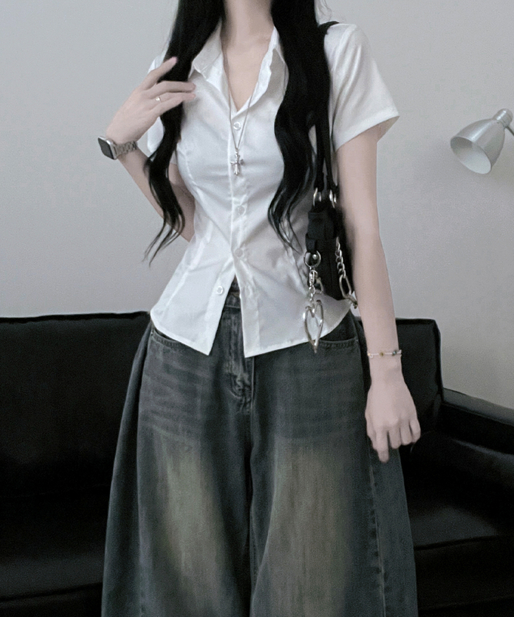 スリムフィットカラー半袖シャツ WHITE