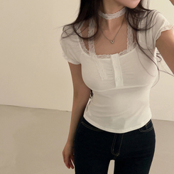 半袖Tシャツ 【タイ付き】レースシャーリングクロップ半袖Tシャツ IVORY