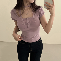半袖Tシャツ 【タイ付き】レースシャーリングクロップ半袖Tシャツ PURPLE