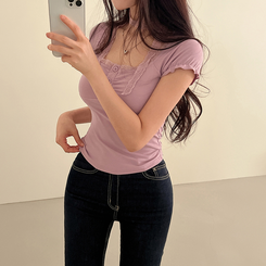 半袖Tシャツ 【タイ付き】レースシャーリングクロップ半袖Tシャツ PURPLE