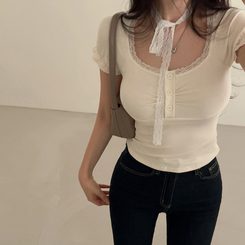 半袖Tシャツ 【タイ付き】レースシャーリングクロップ半袖Tシャツ BEIGE