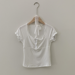 半袖Tシャツ 【タイ付き】レースシャーリングクロップ半袖Tシャツ