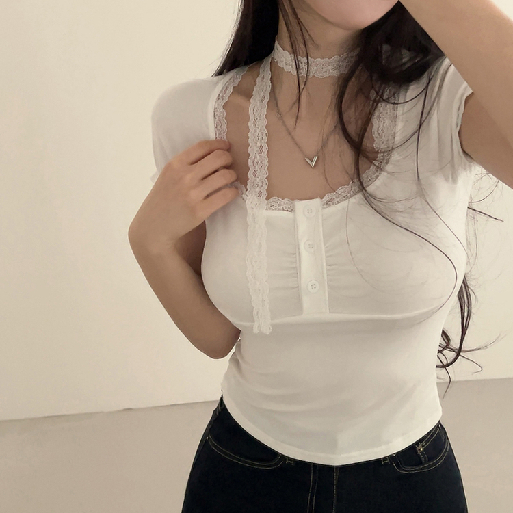 半袖Tシャツ 【タイ付き】レースシャーリングクロップ半袖Tシャツ IVORY